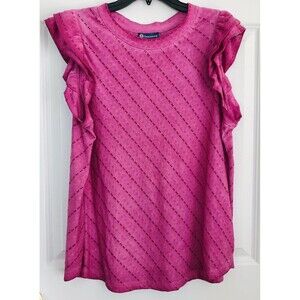 DEMOCRAY WOMEN'S TOP PULLOVER CREW NECK DOBLE RUFLE CAP SLEEVE PURPLE PERFORATED